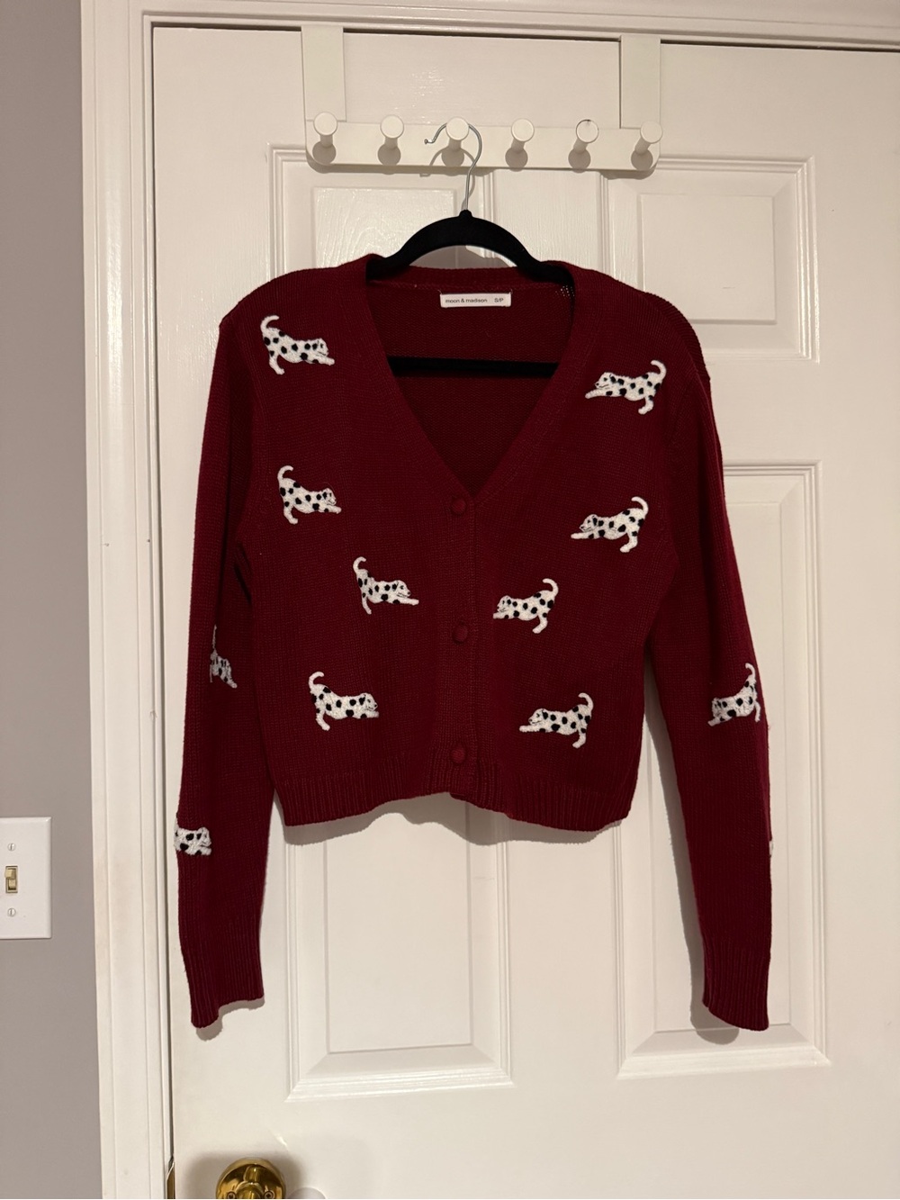 moon & madison Red Dalmatian Dog V-Neck Knit Sweater Cardigan